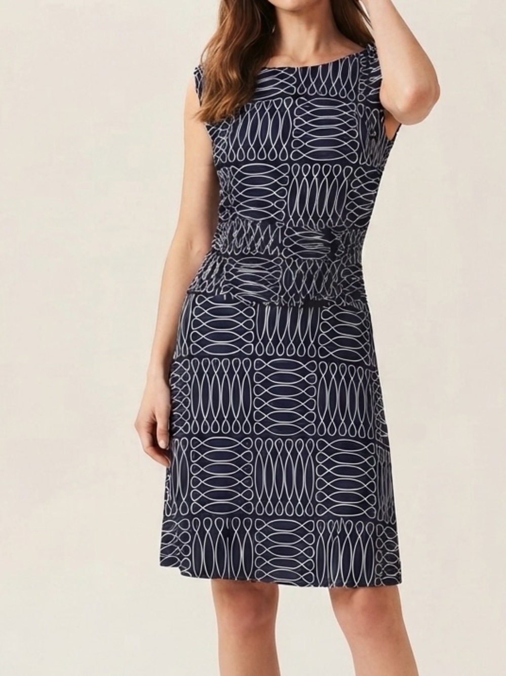Enfocus Studio Navy & White Patterned Cap-Sleeve Midi Dress